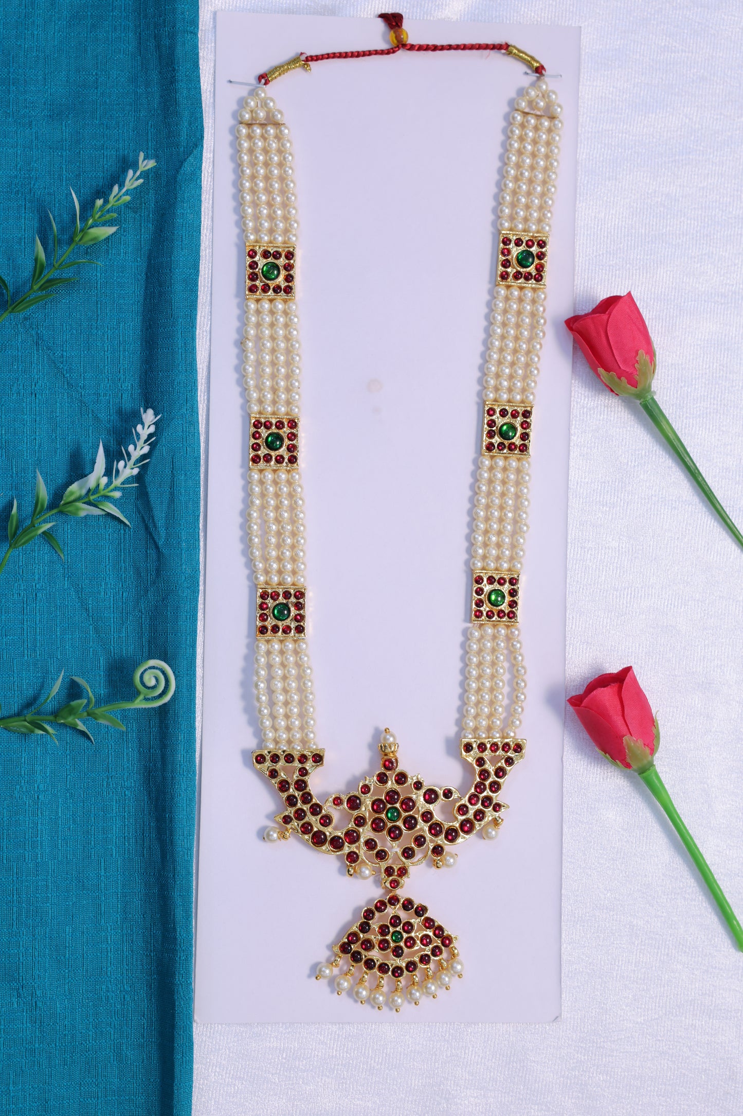 Kempu Moti Haram Bharatanatyam & Kuchipudi Dance Jewellery | Pearl Stone Temple Necklace