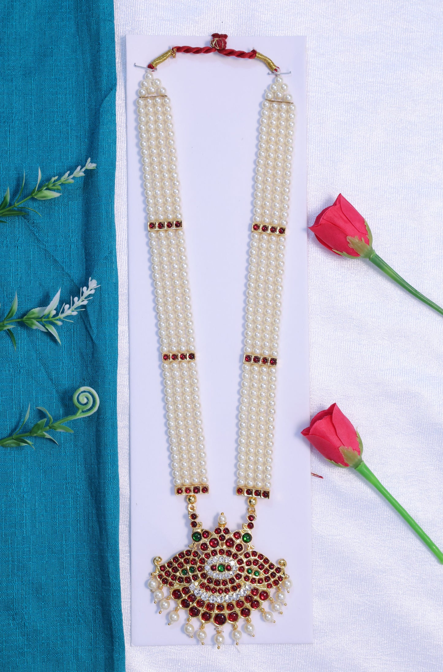 Kempu moti haram Bharatanatyam jewellery pearl necklace with red green stones for Kuchipudi dance