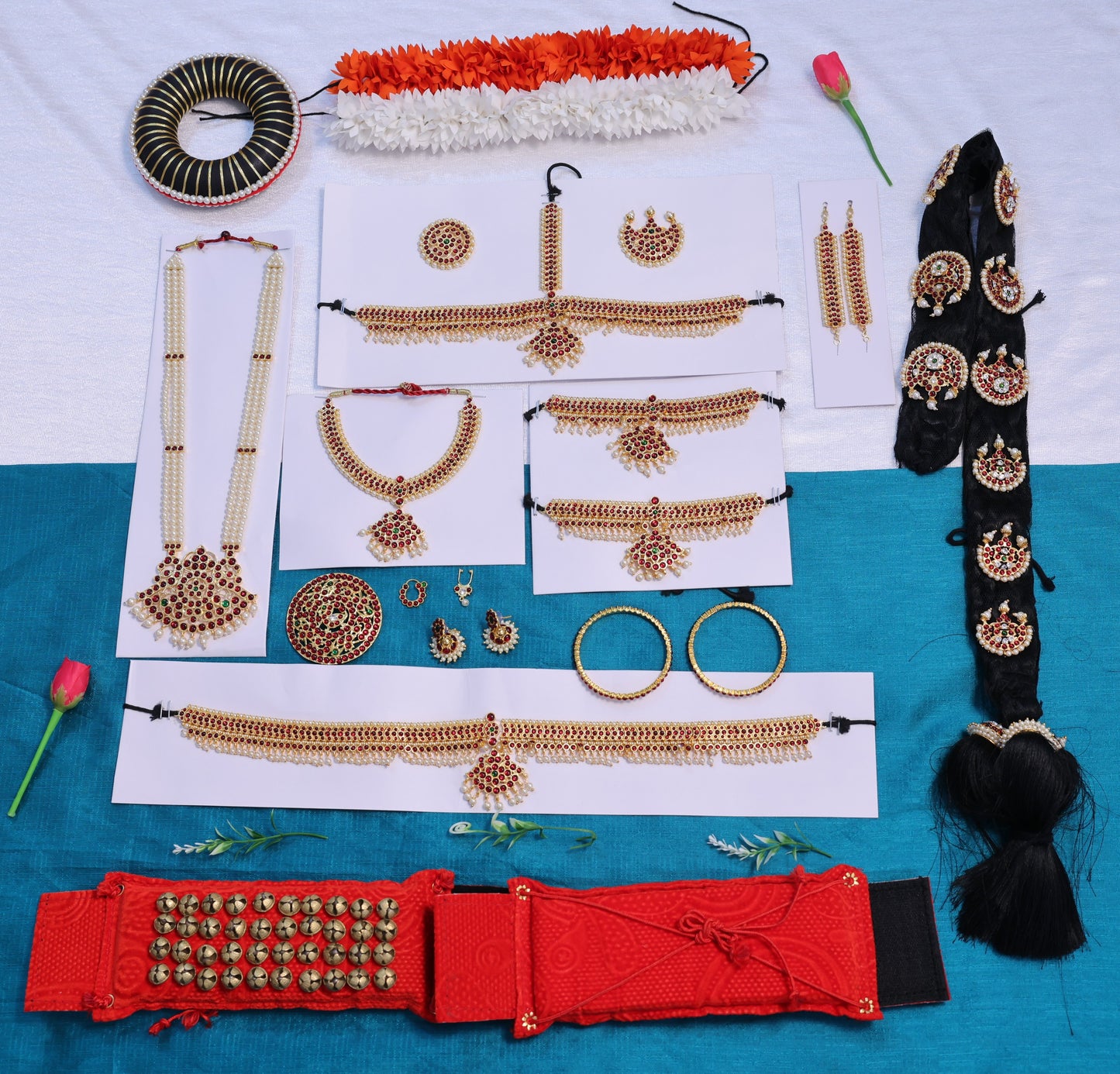 Complete Bharatanatyam Arangetram temple jewellery full set with Kemp stones, including long haram, choker, oddiyanam, head set, hair accessories and ghungroo belt