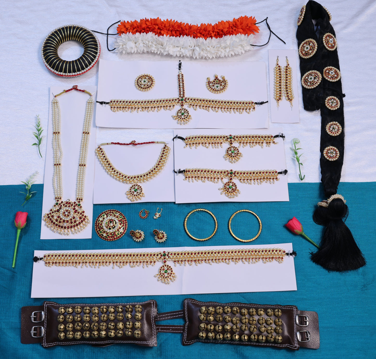 Complete Bharatanatyam temple jewellery full set with Kemp stones, headpiece, necklaces, oddiyanam, hair accessories and salangai for Arangetram
