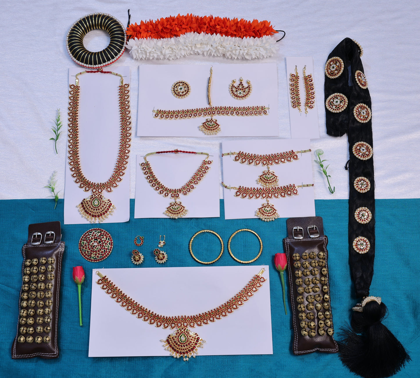 Mango design Bharatanatyam and Kuchipudi temple jewellery full set with Kemp stones, headpiece, necklaces, oddiyanam, hair accessories and salangai for classical dance