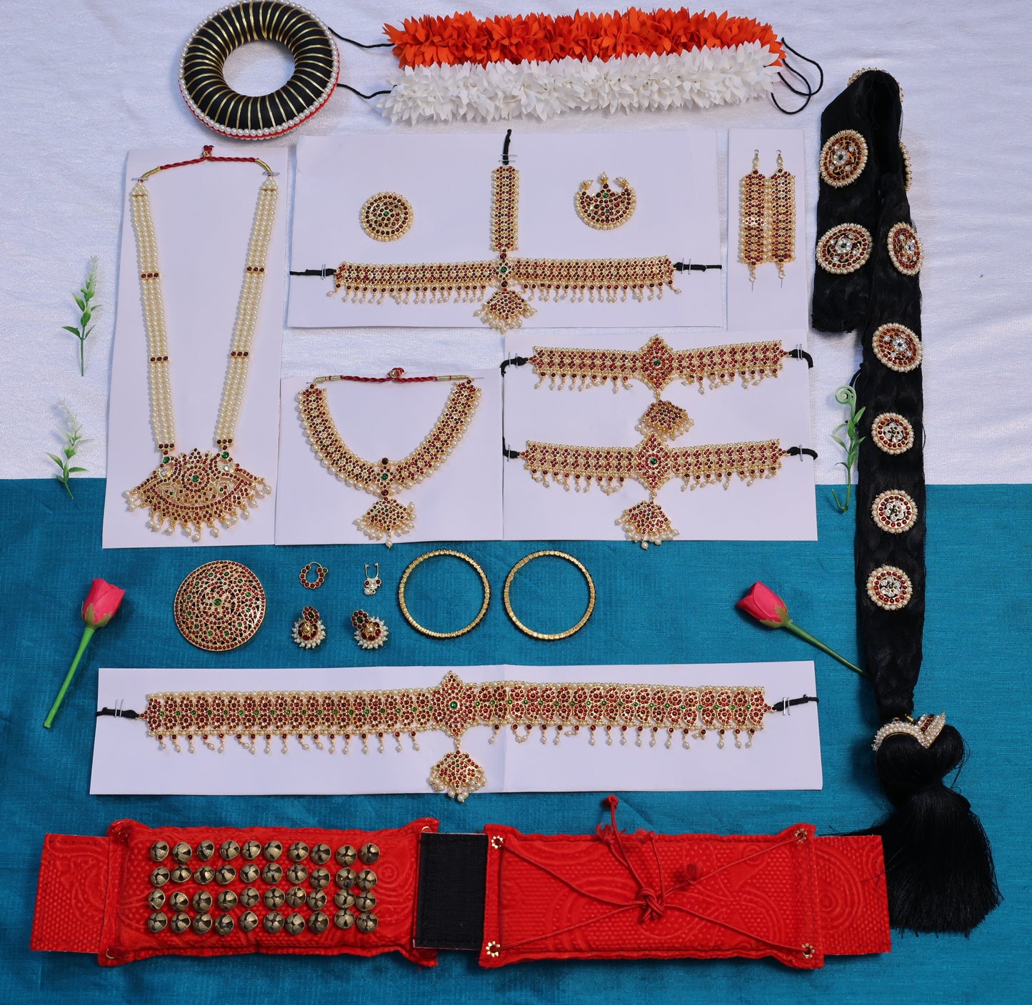 Mango design temple jewellery full set with Kemp stones, headpiece, necklaces, oddiyanam, hair accessories and salangai for Bharatanatyam and Kuchipudi
