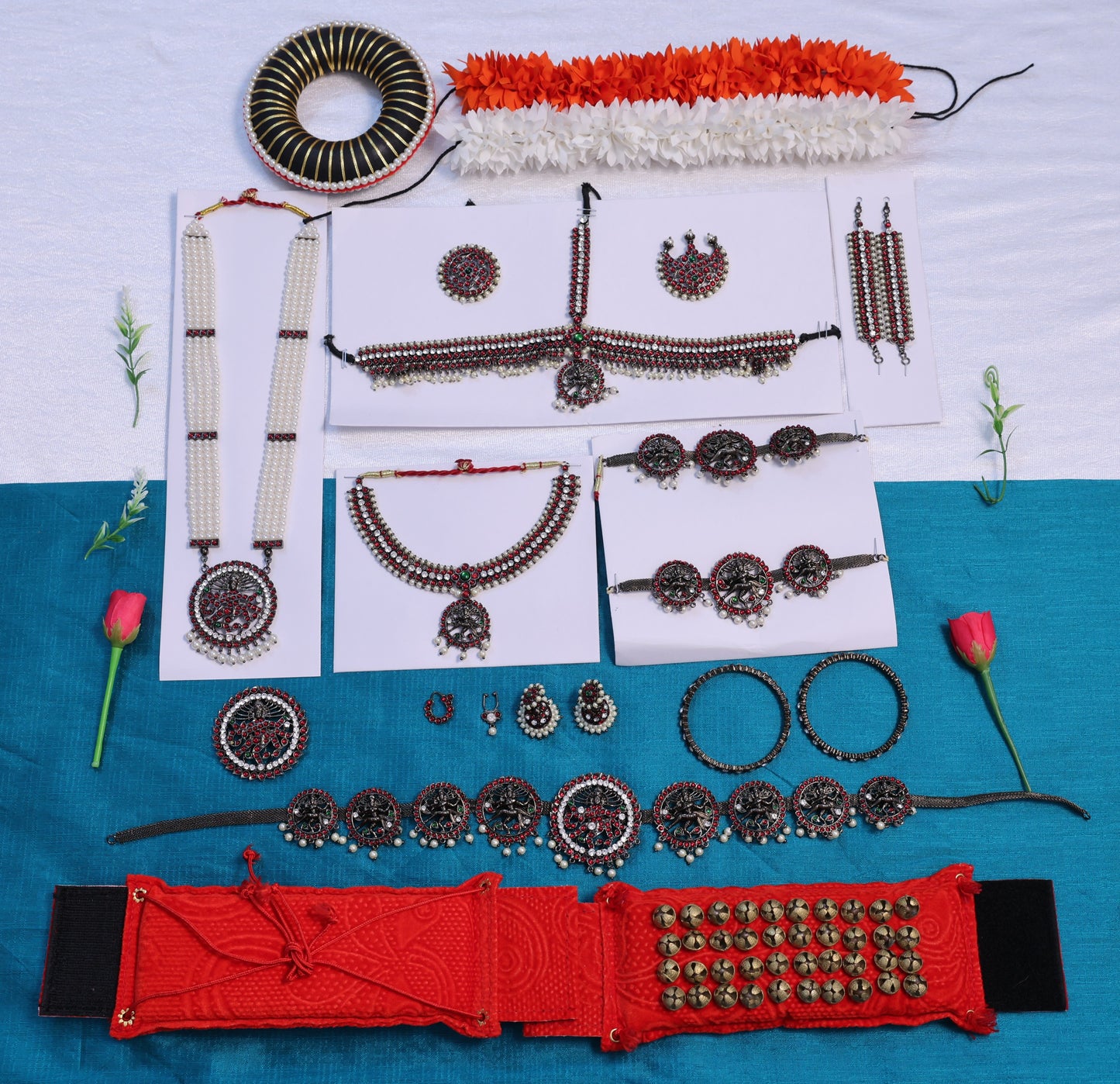 Black Nataraja Bharatanatyam and Kuchipudi jewellery full set with long haram, choker, head set, oddiyanam, bangles and temple ornaments