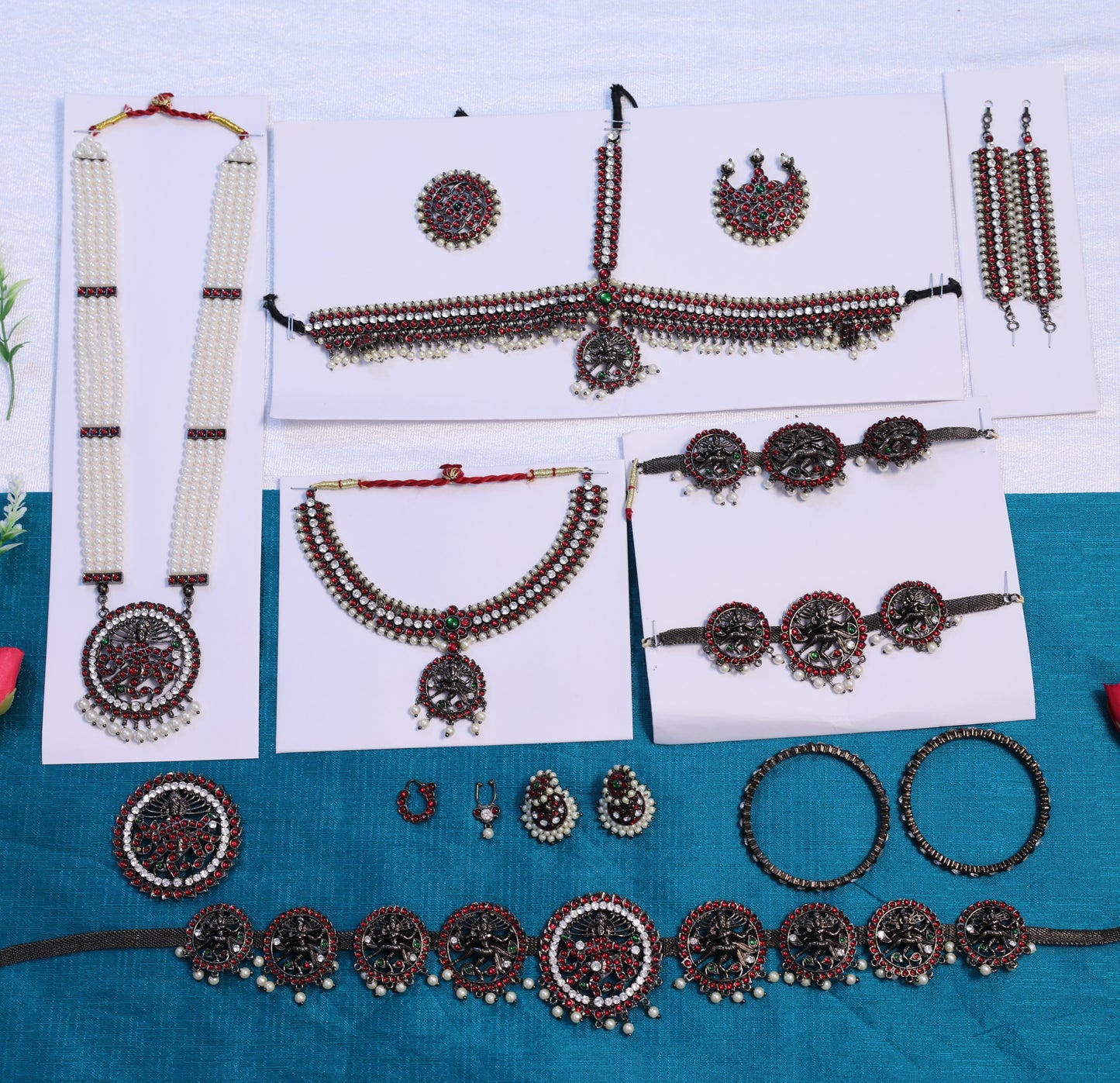 Black Nataraja ornament set for Indian classical dance with long haram, choker, head set, oddiyanam, arm vanki, bangles and temple jewellery for Bharatanatyam and Kuchipudi