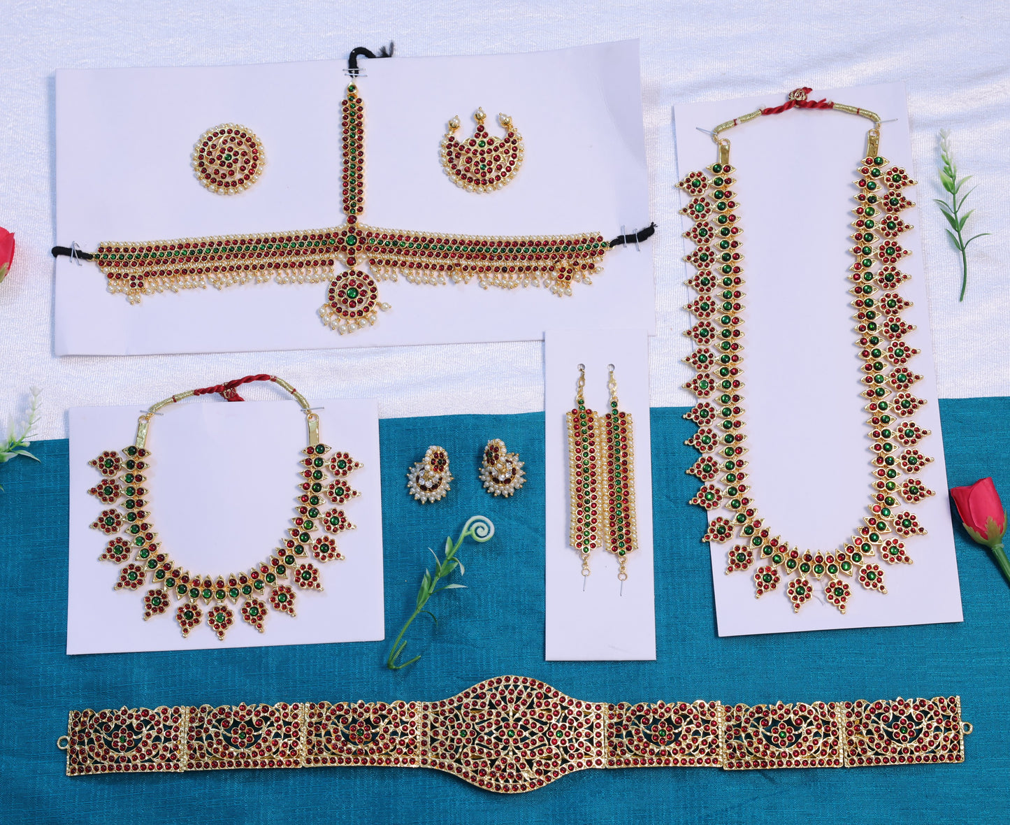 Bharatanatyam and Kuchipudi Temple Jewellery Set featuring full Kemp stone long necklace, broad waist belt, and headset for Arangetram.