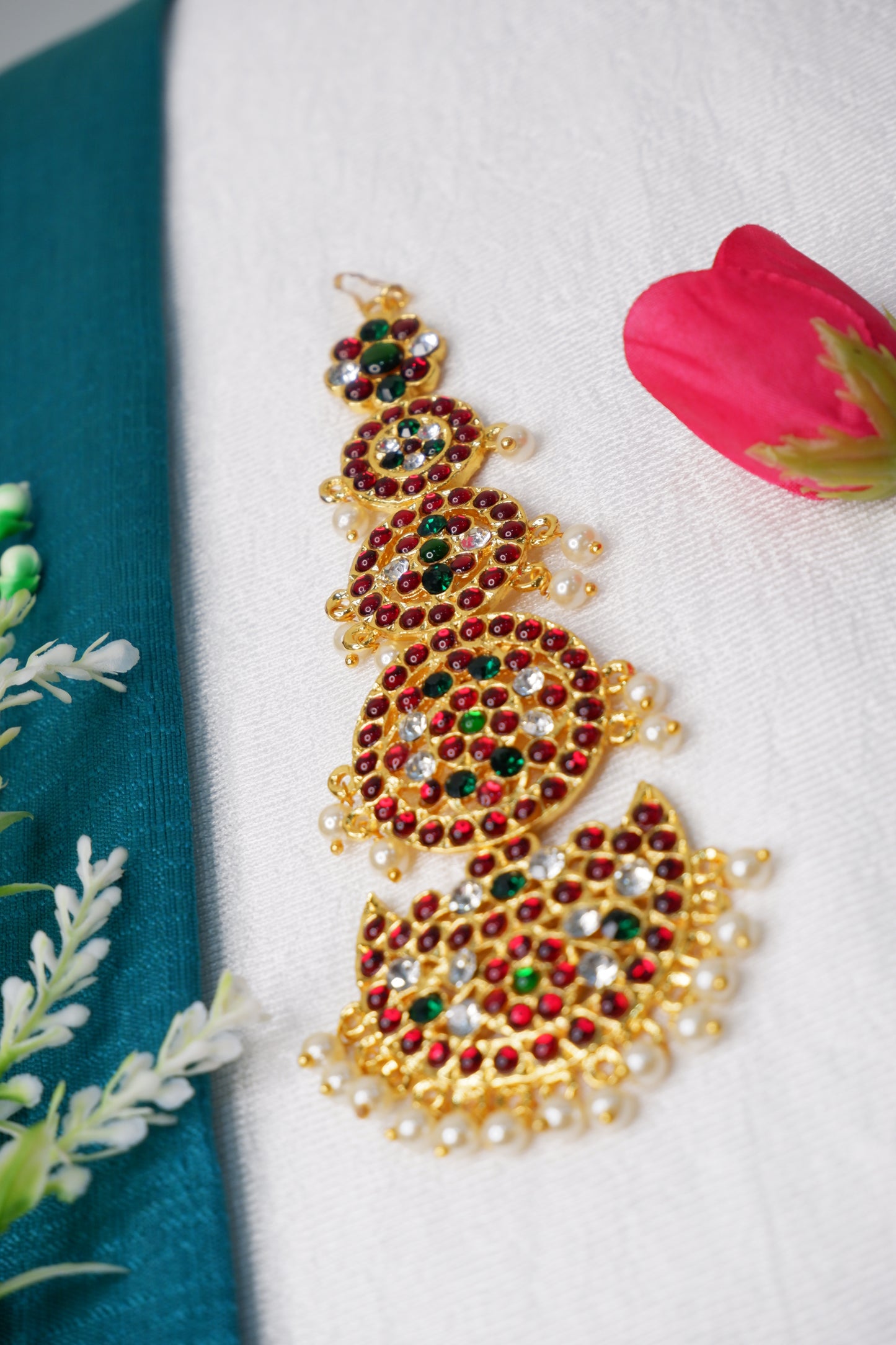 Close-up of Bharatanatyam forehead accessory craftsmanship