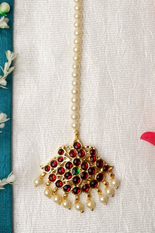Kempu Stone Circular Maang Tikka with Pearl Chain - Bharatanatyam Nethi Chutti