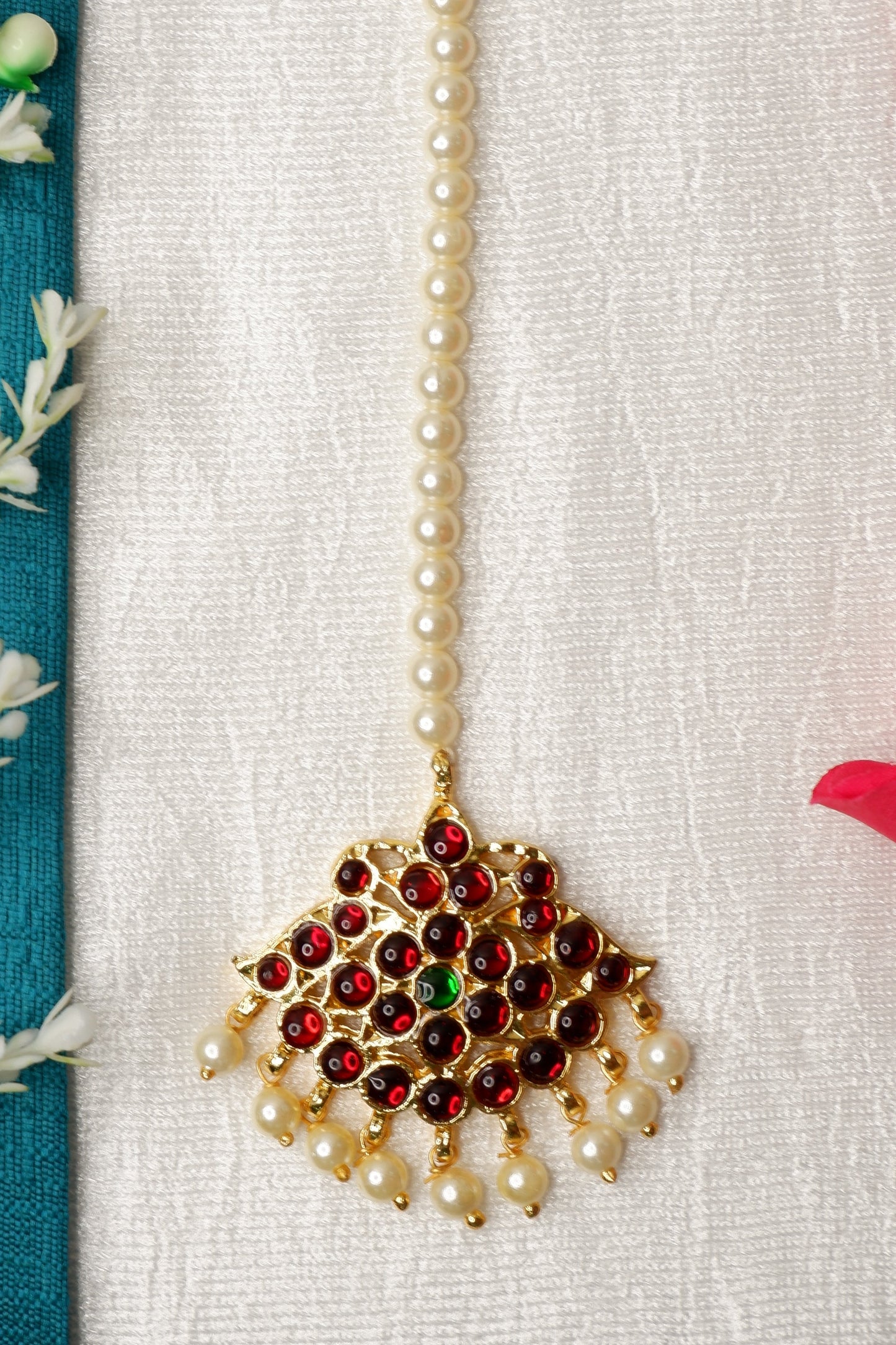 Kempu Stone Circular Maang Tikka with Pearl Chain - Bharatanatyam Nethi Chutti