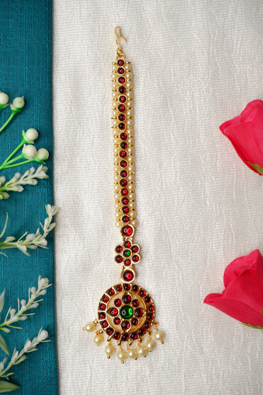 Bharatanatyam Dance Maang Tikka - Gold Plated with Ruby Stones & Pearls