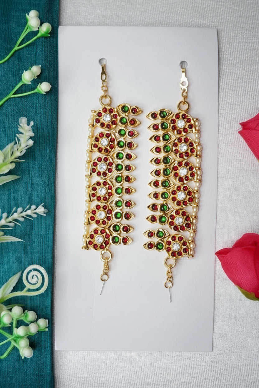 Traditional Bharatanatyam mattil ear chain with kempu stones and pearl accents for classical dance