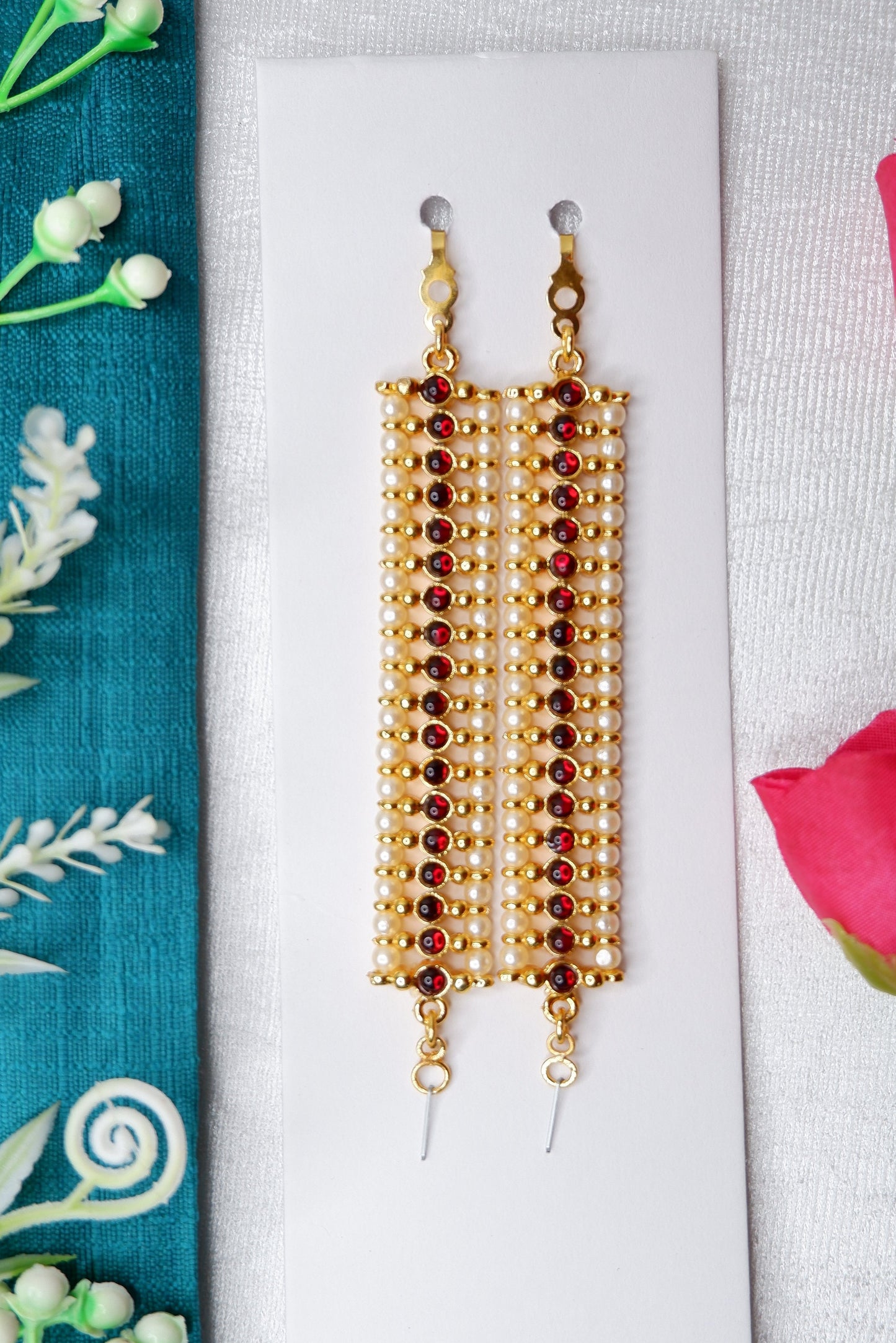 Kemp matil ear chain for Bharatanatyam with gold plating and kempu stones
