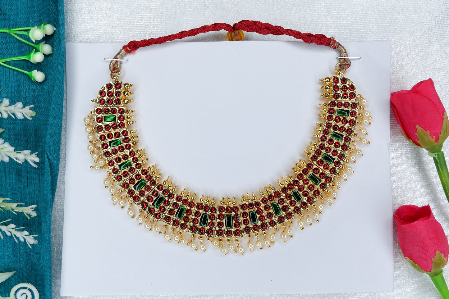 Handcrafted Indian classical dance jewelry short necklace with gems