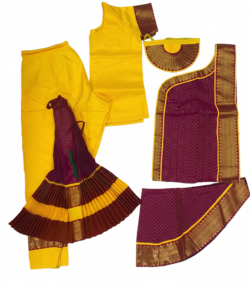 Traditional Bharatanatyam costume yellow and maroon classical dance costume with pleated fan
