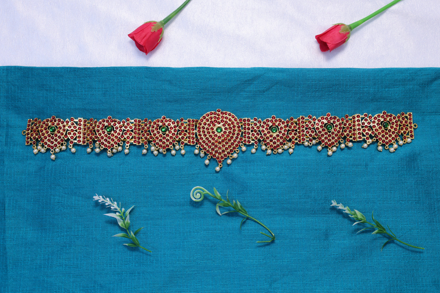 Heavy kempu stone temple jewellery waist belt oddiyanam
