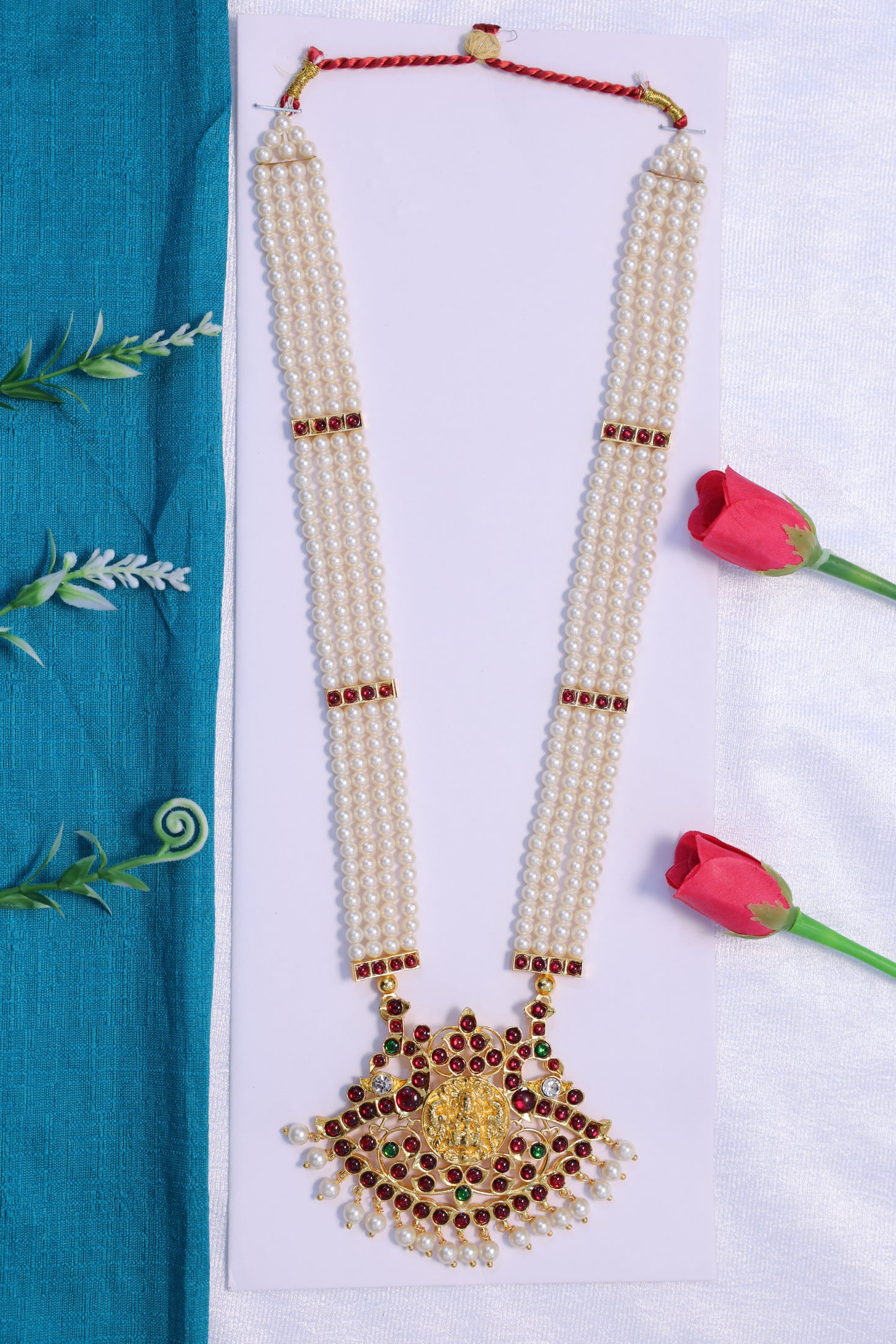 Kempu moti haram Bharatanatyam jewellery pearl necklace with red green stones for Kuchipudi dance