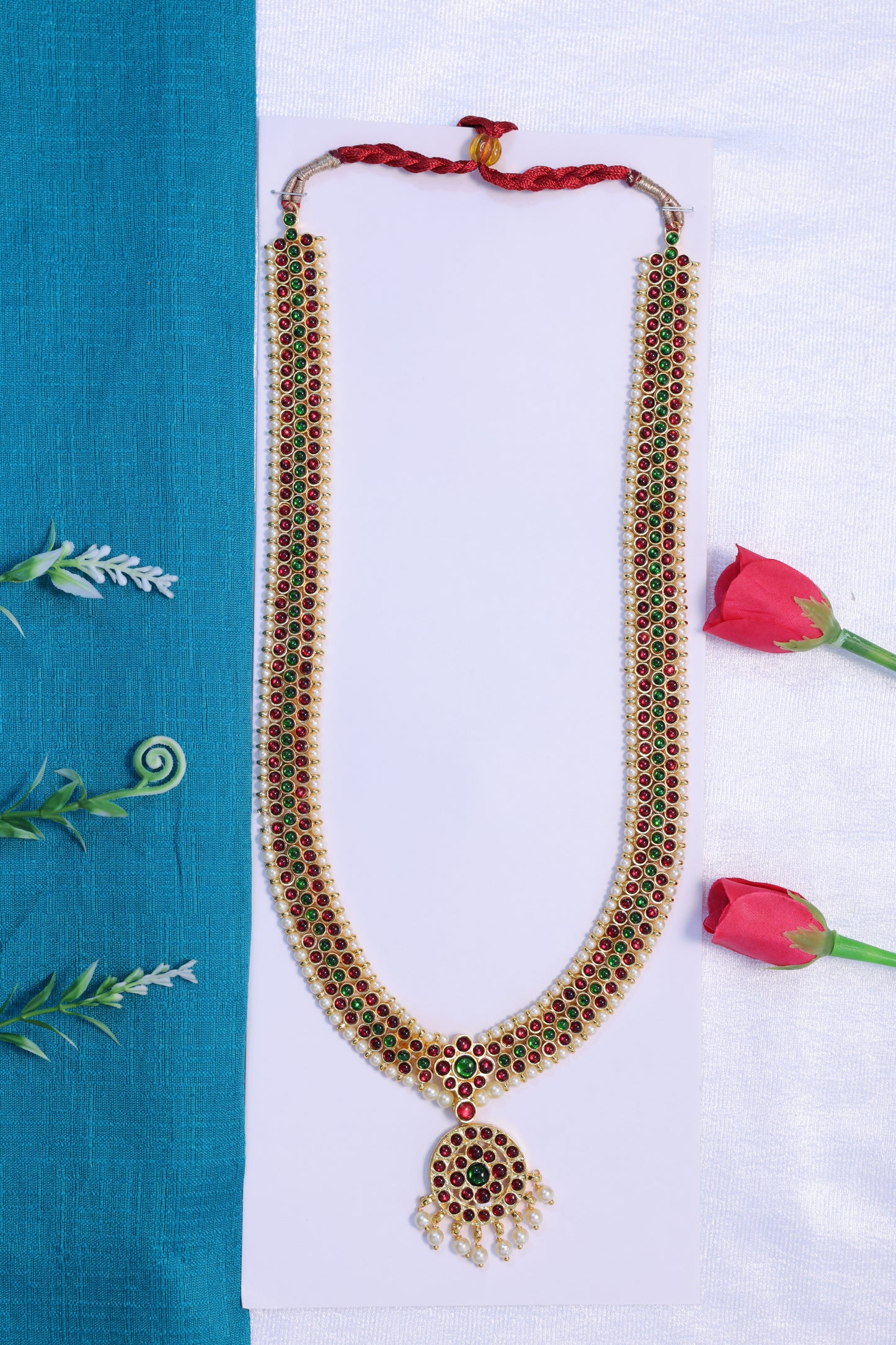 kempu stone haram ruby green stone long necklace bharatanatyam kuchipudi classical dance jewellery