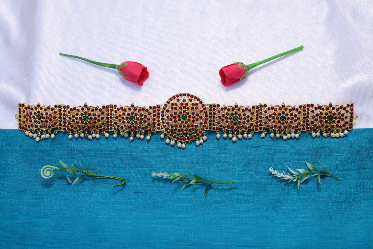 Kempu stone temple oddiyanam waist belt with pearl hanging for Bharatanatyam and Kuchipudi dance jewellery