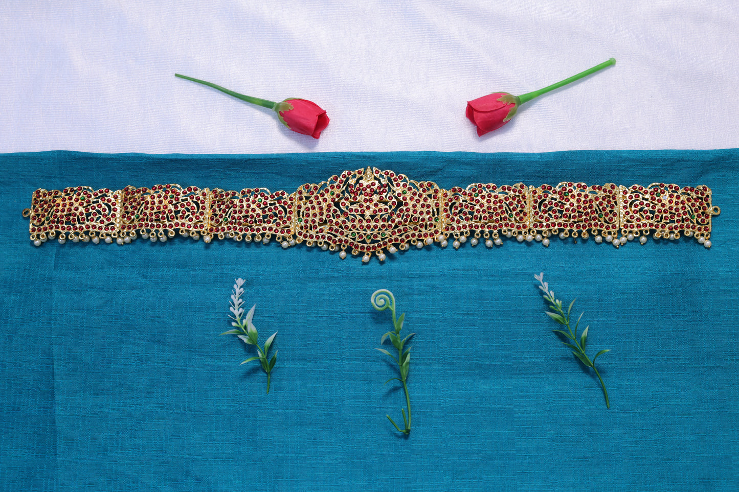Kempu stone temple oddiyanam waist belt with pearl hanging for Bharatanatyam and Kuchipudi dance jewellery