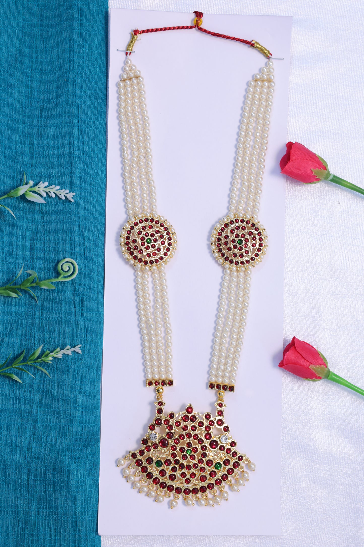 Moti haram long necklace with kempu stone pendant for Bharatanatyam dance