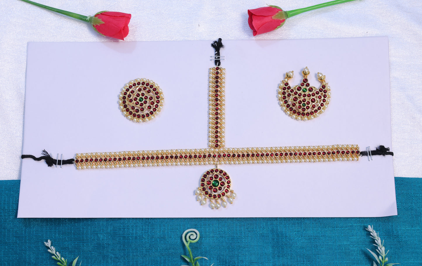 Temple jewellery head set with kempu stones and pearl detailing for Bharatanatyam and Kuchipudi dance