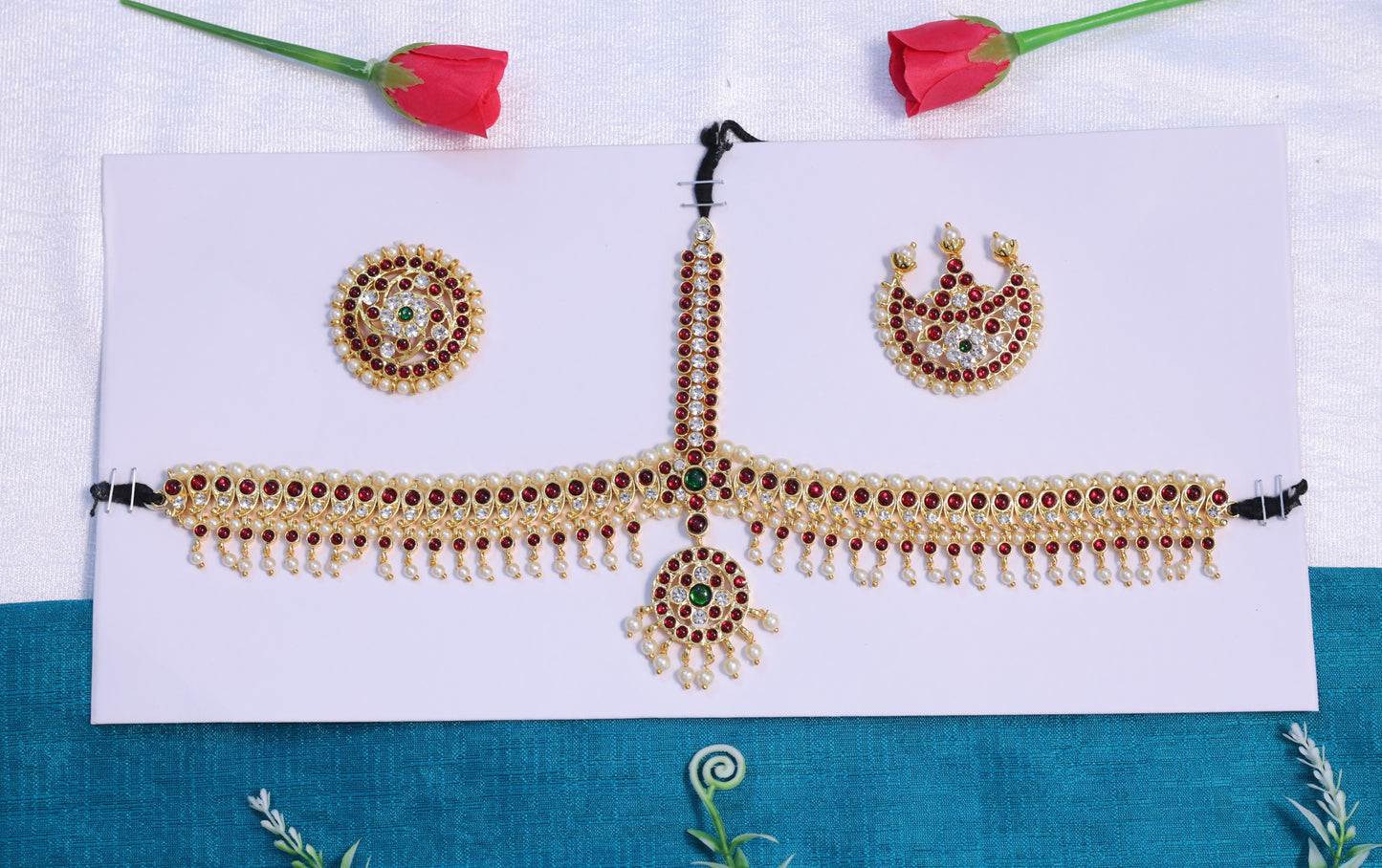 Temple jewellery head set with kempu stones and pearl detailing for Bharatanatyam and Kuchipudi dance