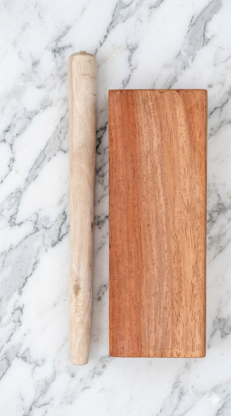 Wooden Thattu Manai board and Thattu Kazhi stick for Bharatanatyam dance practice on white marble background