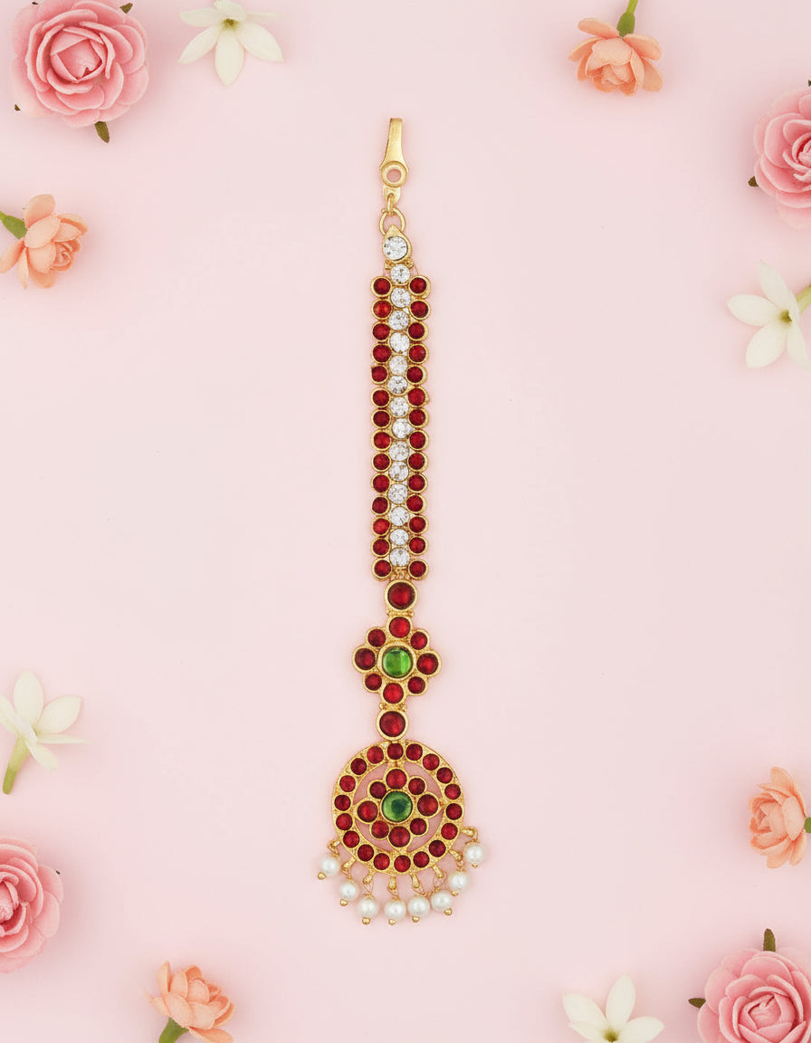 Simple Kempu stone maangtikka nethi chutti for Bharatanatyam dance