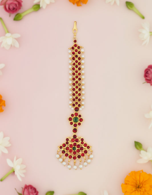 Traditional single line chutti with red Kempu stones for Bharatanatyam