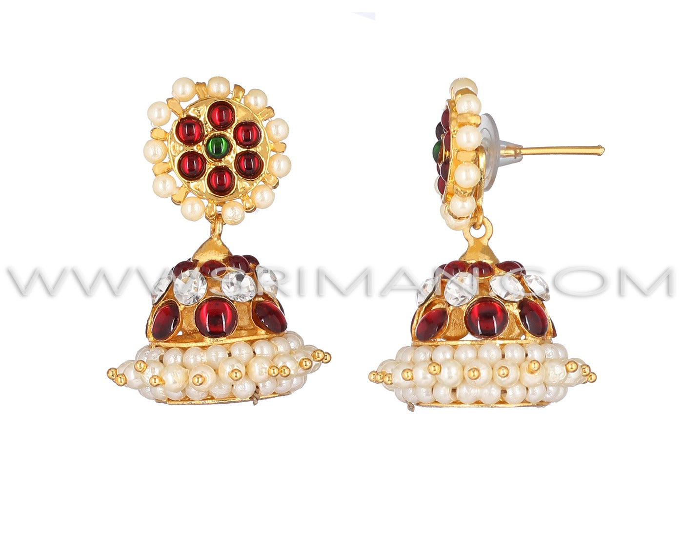 3 Line Red And White Stone Kemp Earring(Jumki)