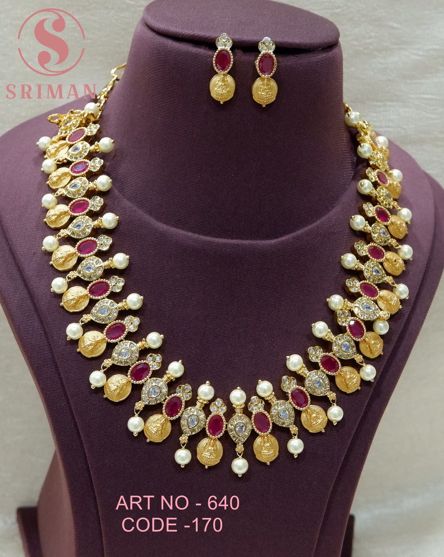 SRIMAN STONES STUD NECKLACE SET WITH GOLD FINISH
