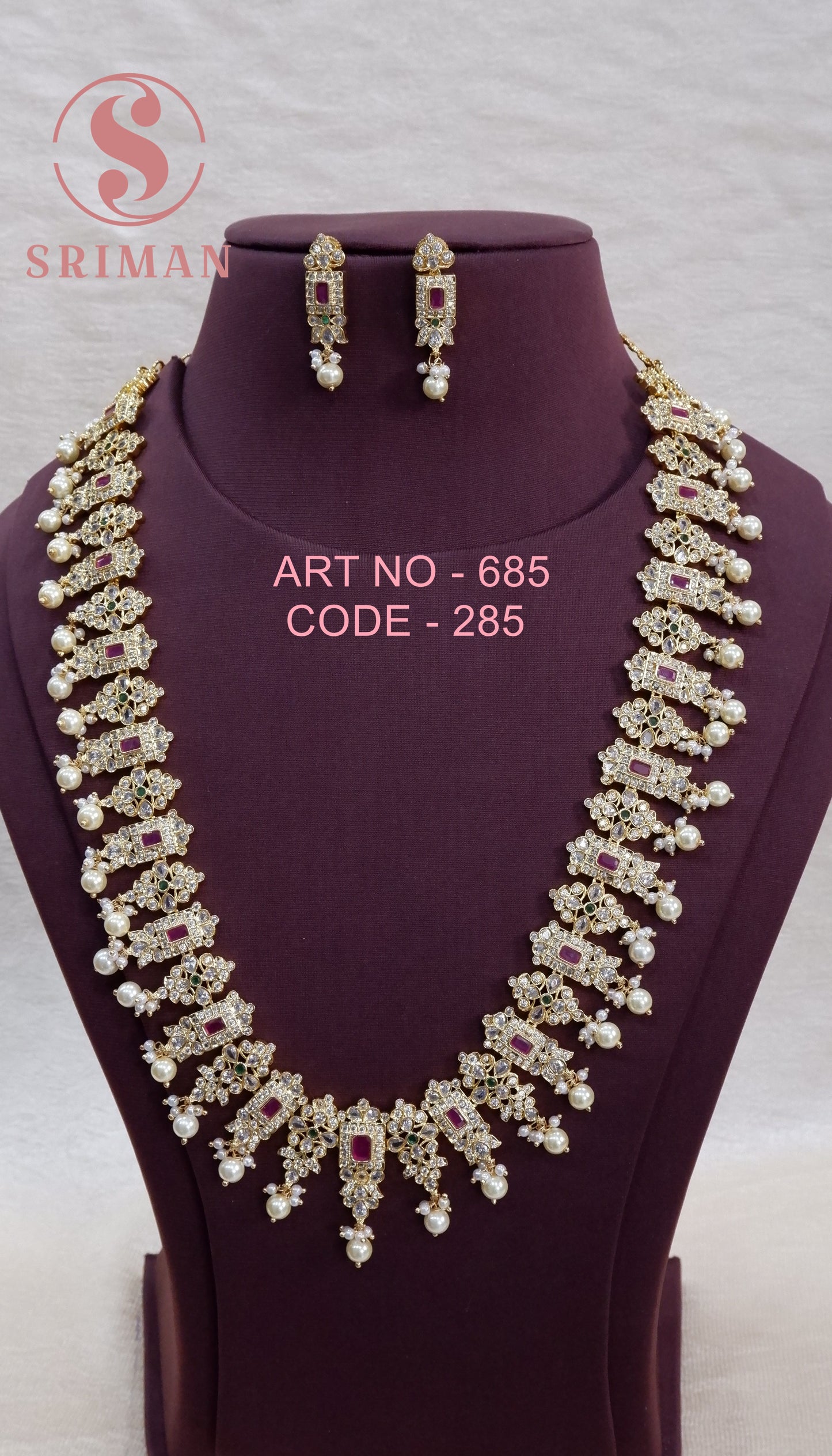 SRIMAN GOLD POLISH RED BEATS LONG HARAM WITH EARINGS