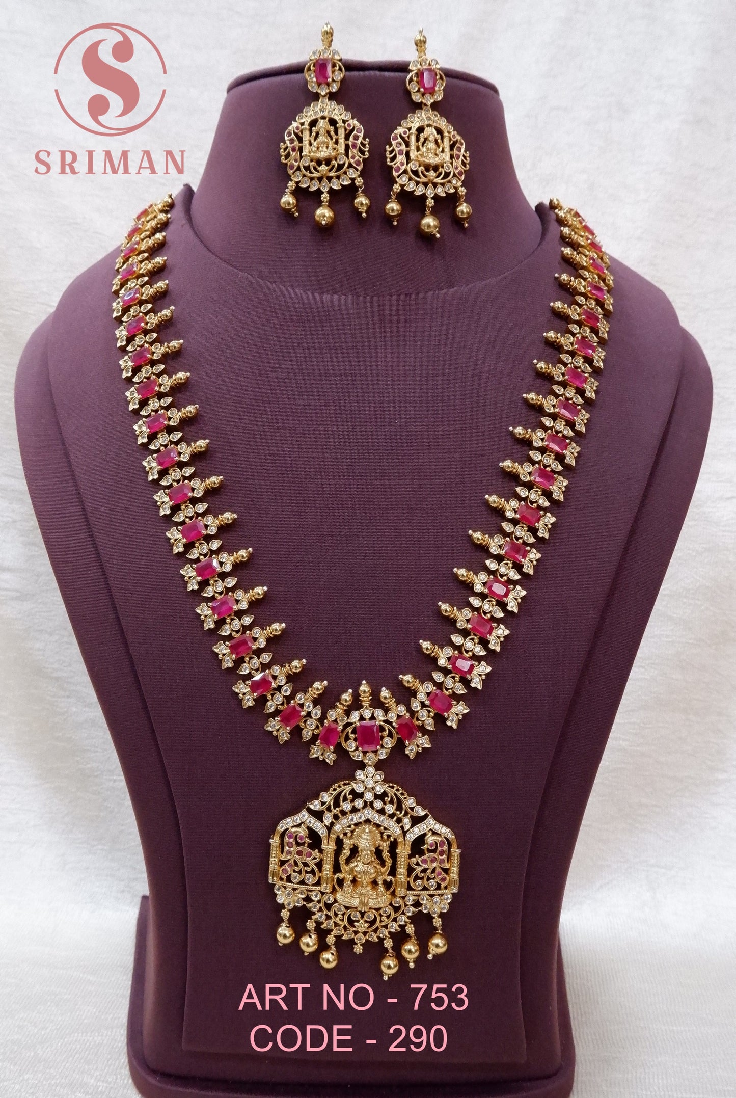 SRIMAN MAAT FINISH RED STONES LAXMI LONG HARAM