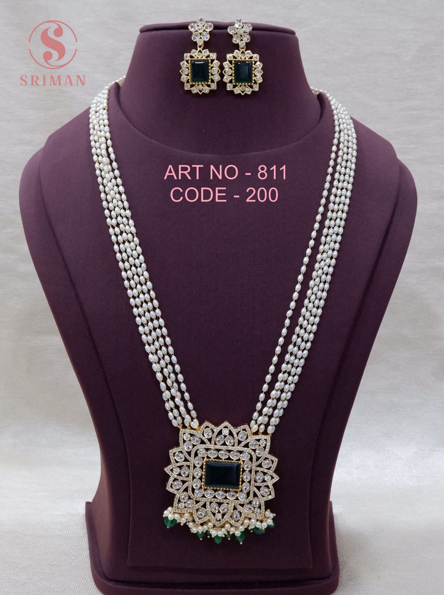 SRIMAN PEARLS HARAM WITH GREEN BEATS LOCKET AND STUDS