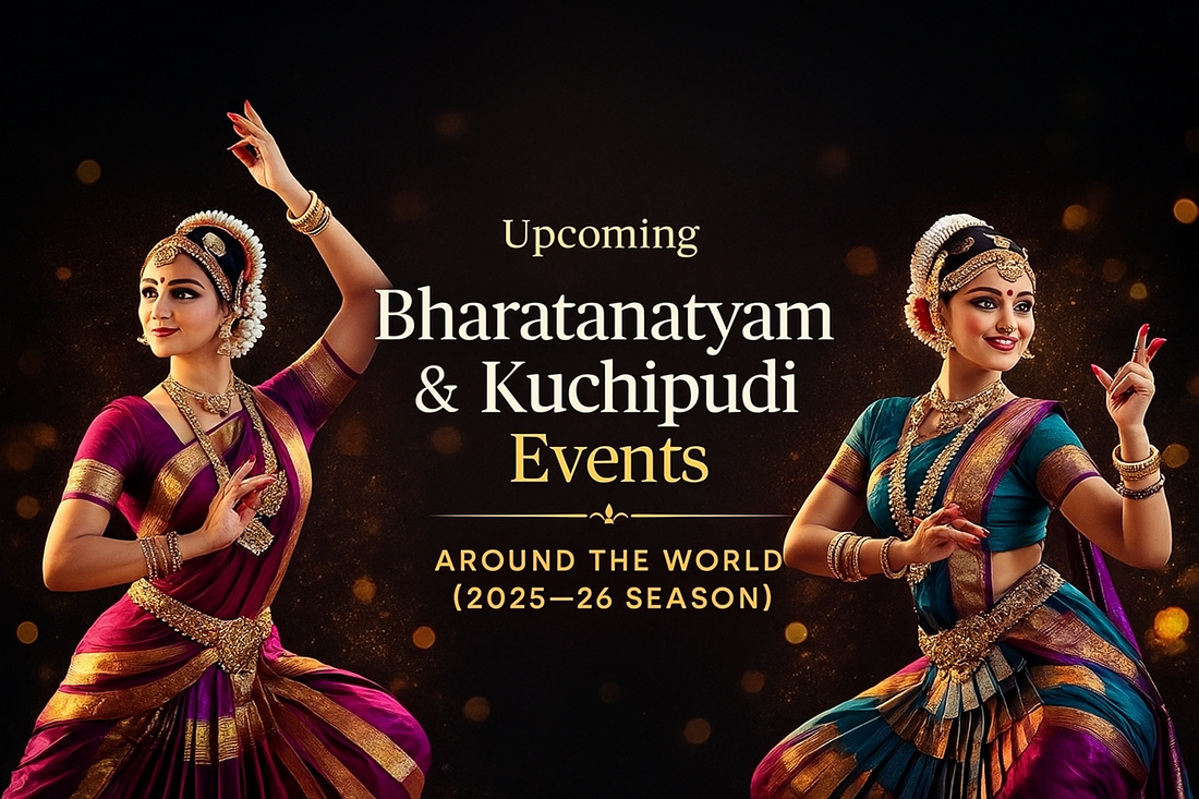 A promotional banner featuring two classical dancers in traditional Bharatanatyam and Kuchipudi attire, posed gracefully against a dark background with golden bokeh accents