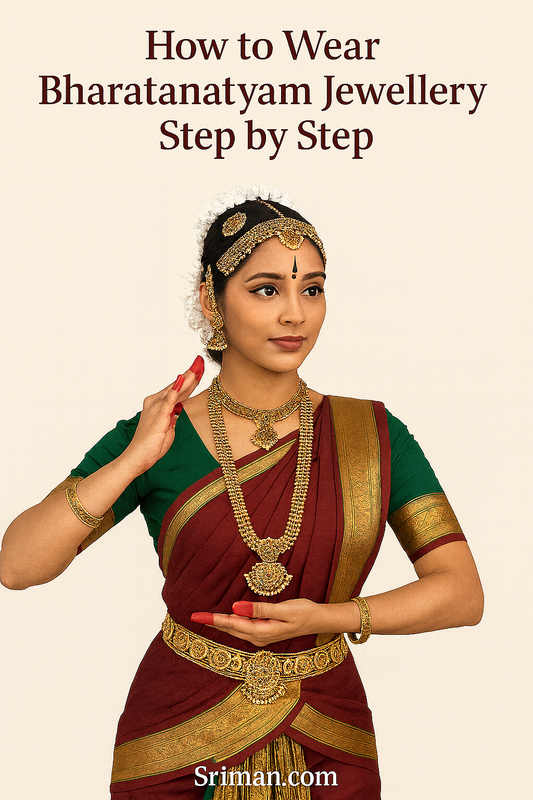 How to wear Bharatanatyam jewellery guide featuring classical dancer in temple jewellery set, arangetram accessories, and traditional costume – Sriman.com.