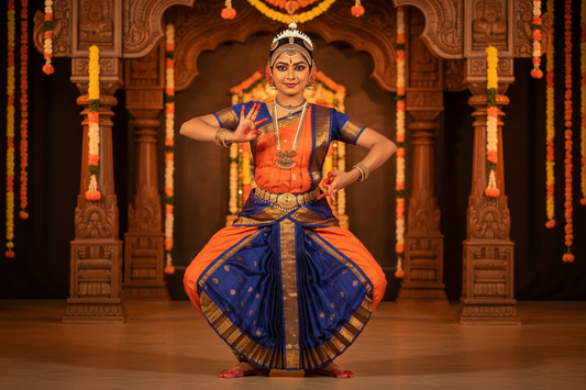 A display of traditional South Indian Bharatanatyam dance jewelry arranged for an Arangetram performance, including a gold-toned necklace set with matching earrings, armlets, waist belt, and hair ornaments