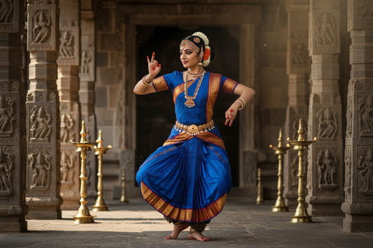 Female Kuchipudi dancer performing in traditional costume with expressive hand gestures and classical jewellery.