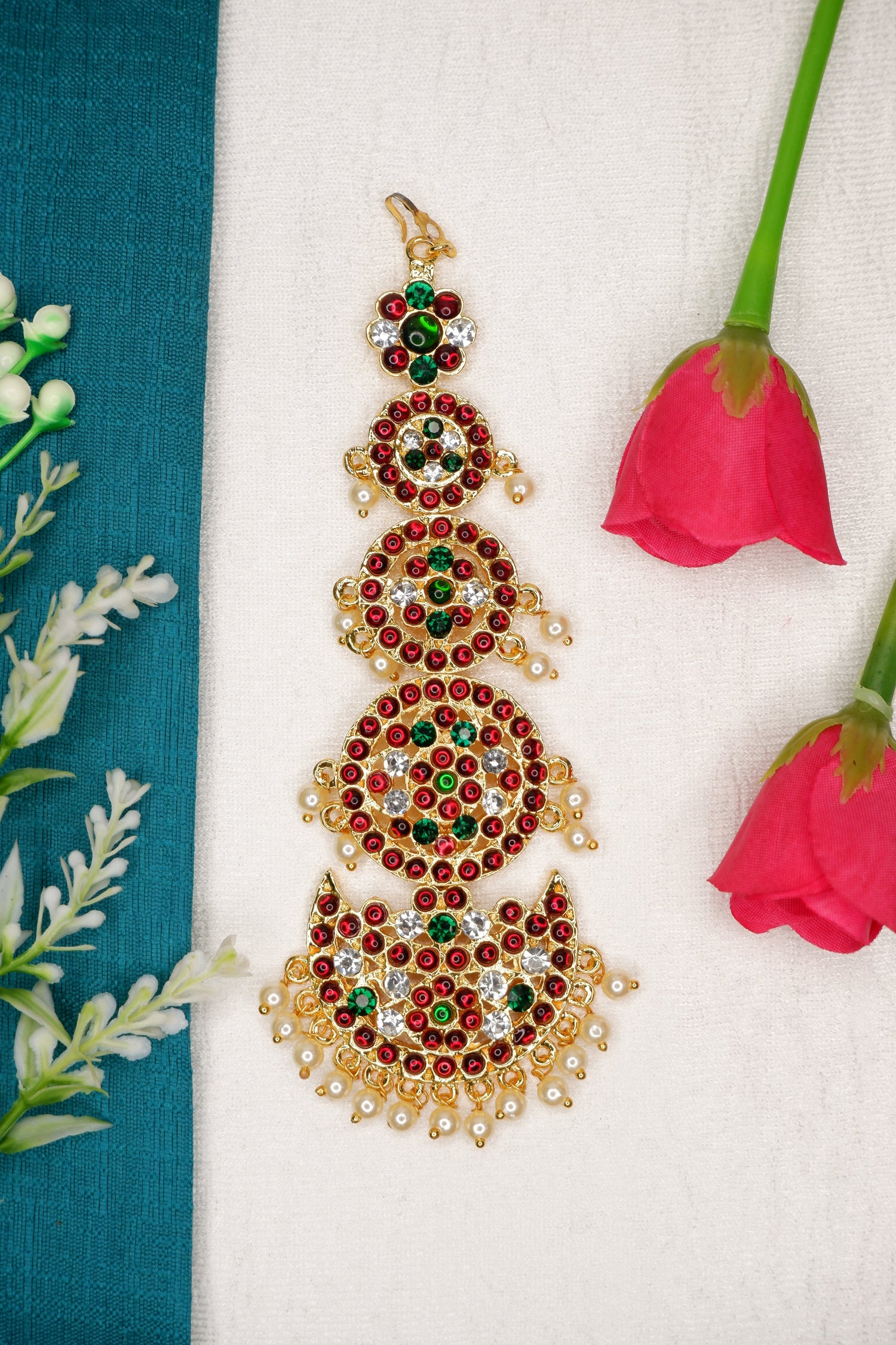 Traditional nethi chutti maang tikka collection - Bharatanatyam temple jewelry with kemp stones for classical dance