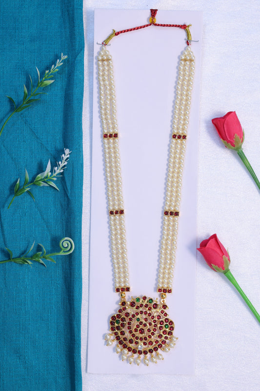Bharatanatyam pearl necklace with red and green stones, temple style classical dance jewellery