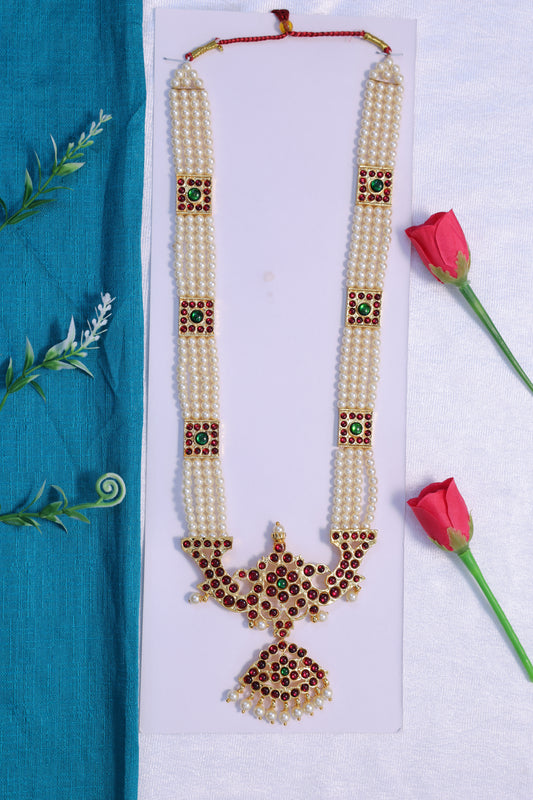 Kempu Moti Haram Bharatanatyam & Kuchipudi Dance Jewellery | Pearl Stone Temple Necklace