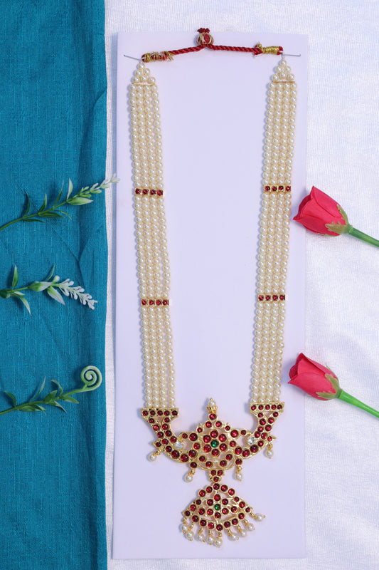 Kempu moti haram Bharatanatyam jewellery pearl necklace with red green stones for Kuchipudi dance