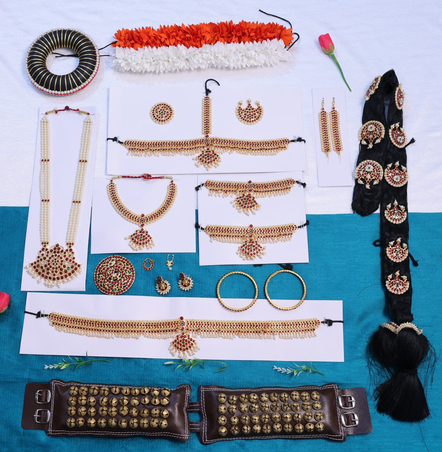 Complete Bharatanatyam temple jewellery full set with Kemp stones and gold finish