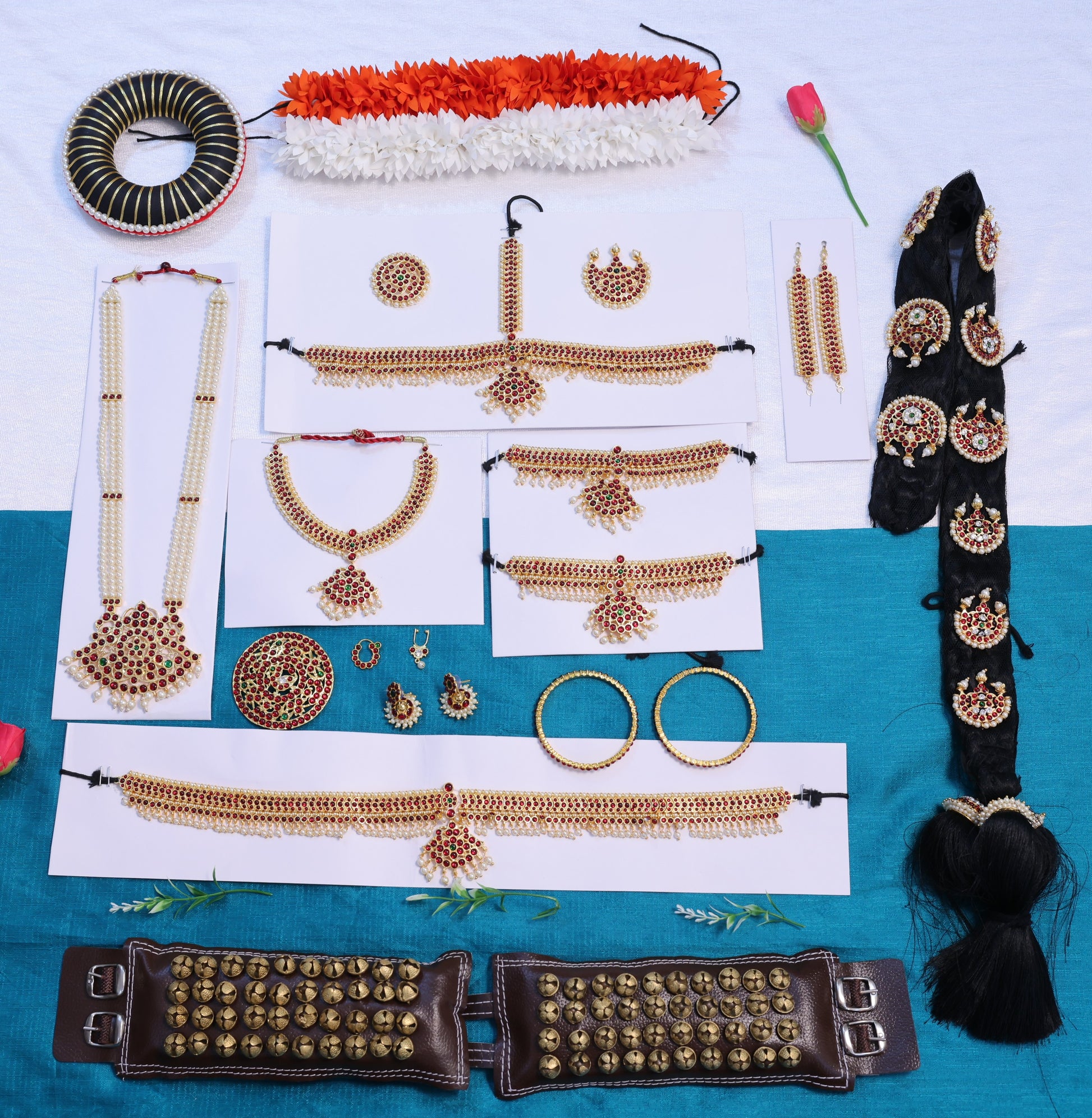 Complete Bharatanatyam temple jewellery full set with Kemp stones and gold finish