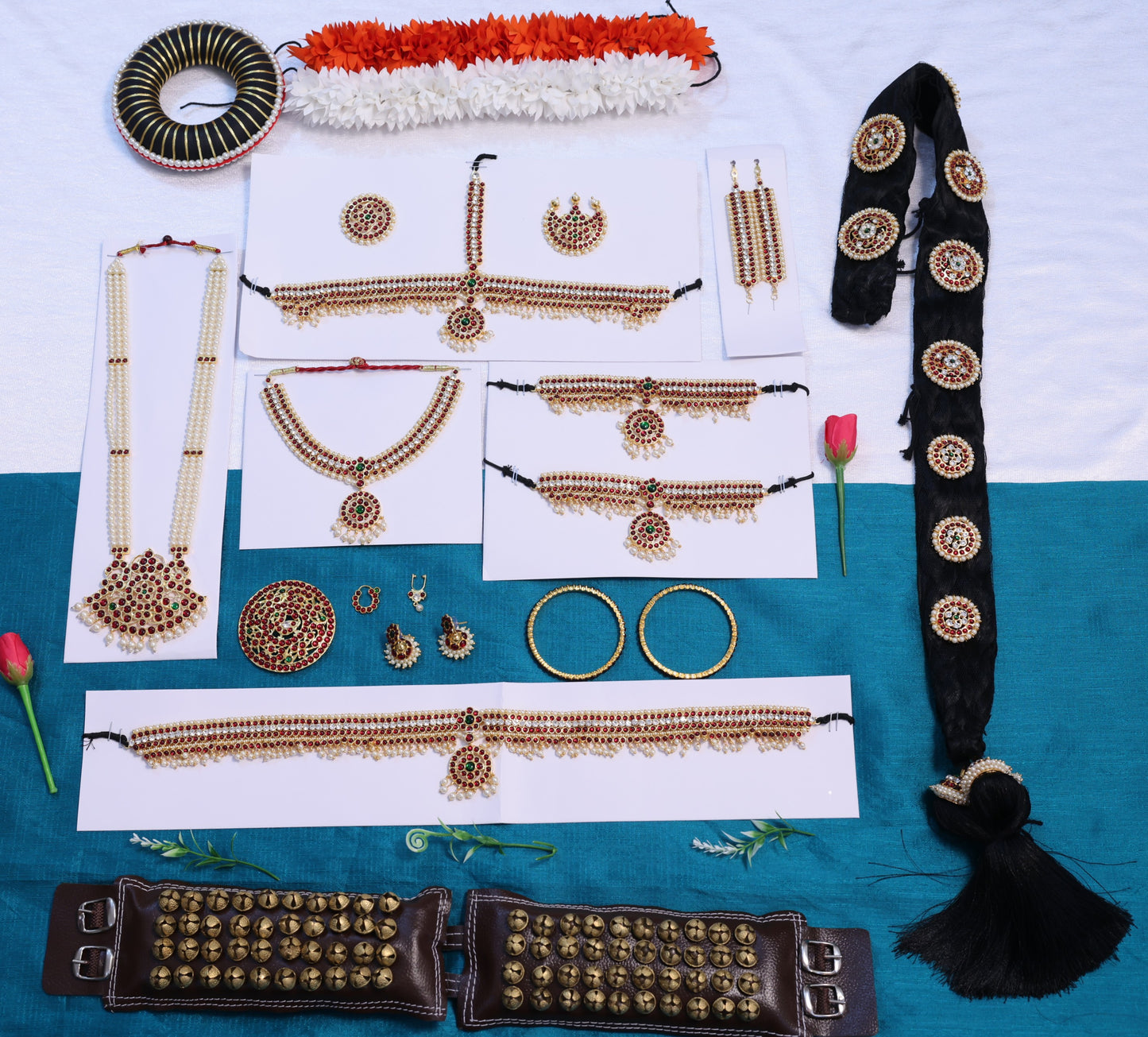 Complete Kuchipudi temple jewellery full set with Kemp stones