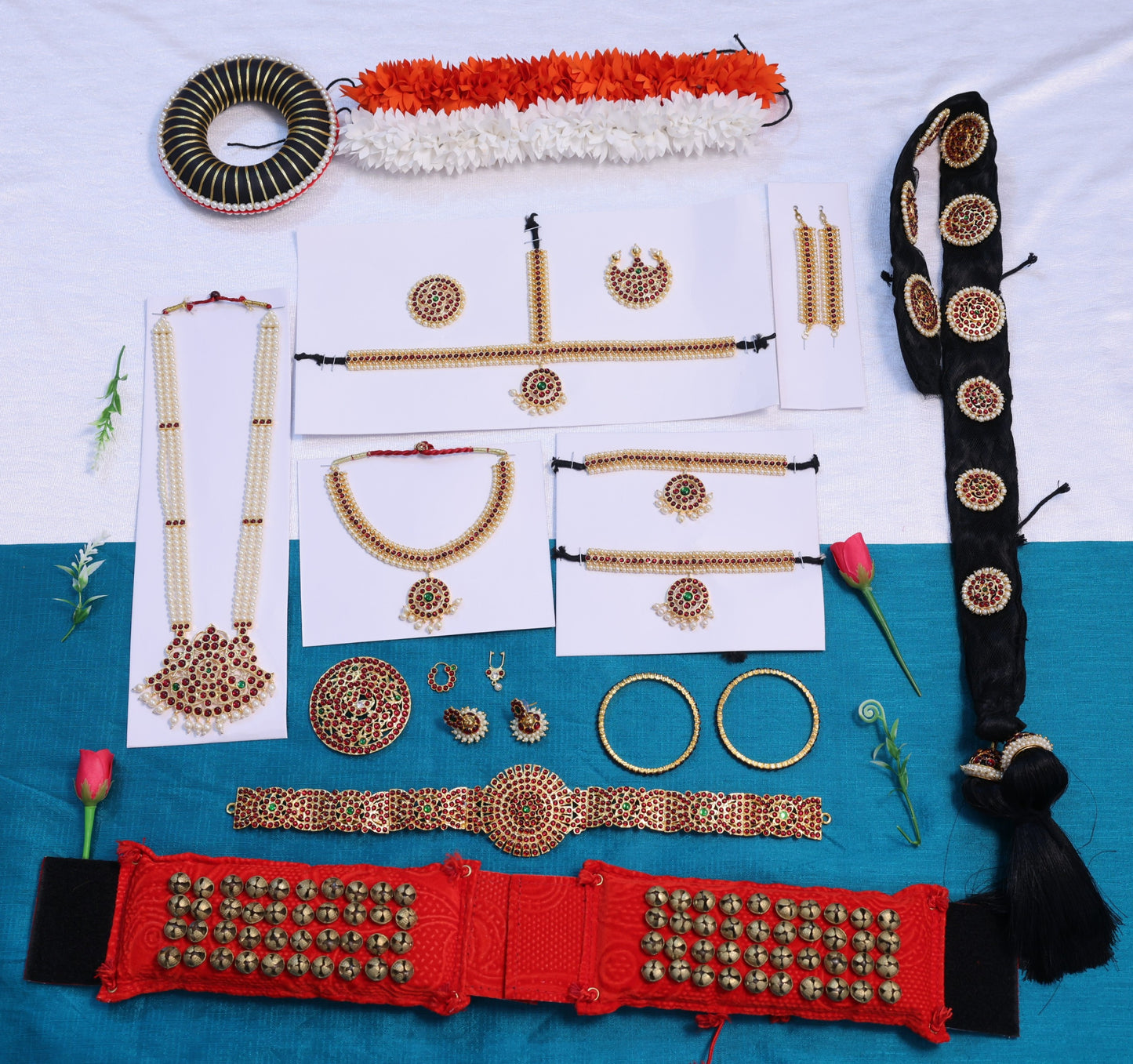 Complete Temple Jewellery Full Set for Classical Dance – Kemp Stone Gold Finish with Salangai & Hair Accessories