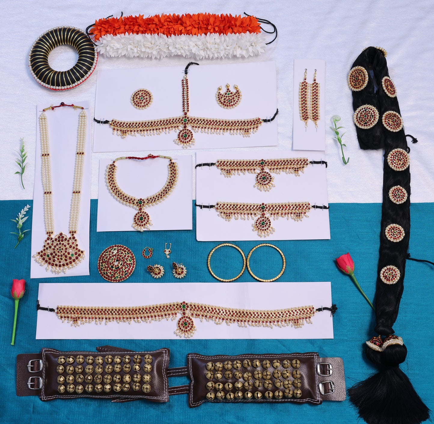 Kemp stone temple jewellery accessories with salangai and hair ornaments Traditional classical dance jewellery full set for stage performance