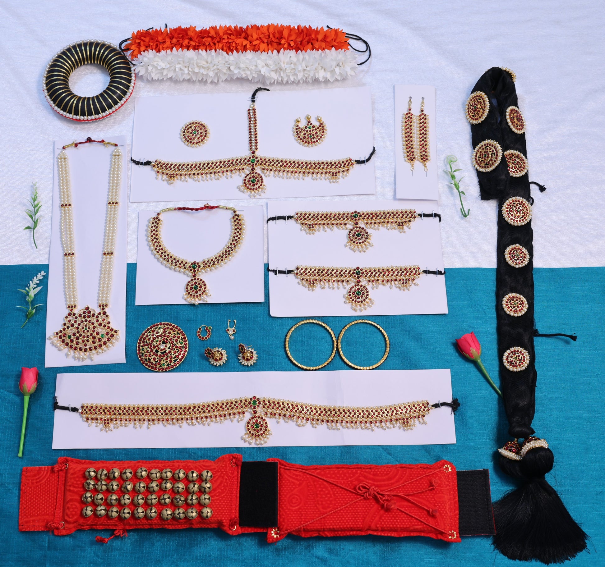 Complete classical dance temple jewellery full set with Kemp stones
Temple jewellery with oddiyanam, haram and head set for stage