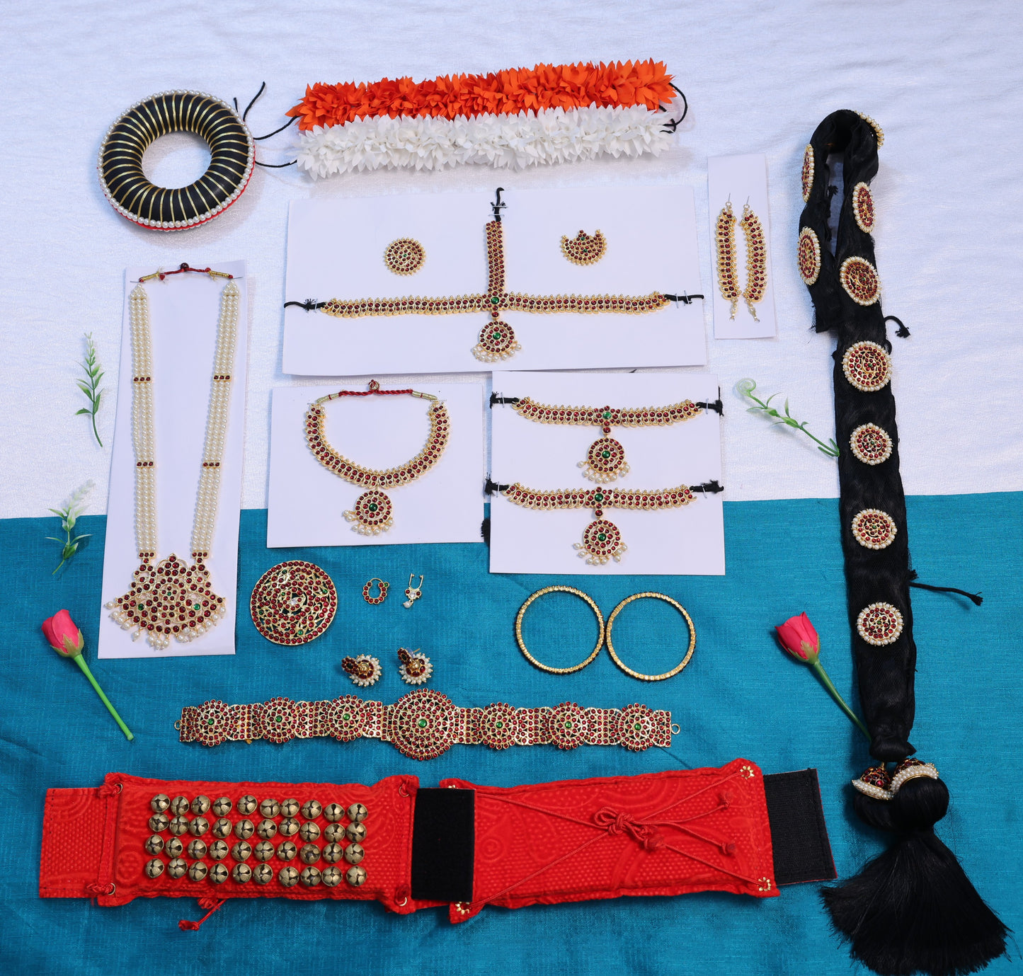 Complete Classical Dance Temple Jewellery Full Set with Salangai & Hair Accessories – Kemp Stone Gold Finish