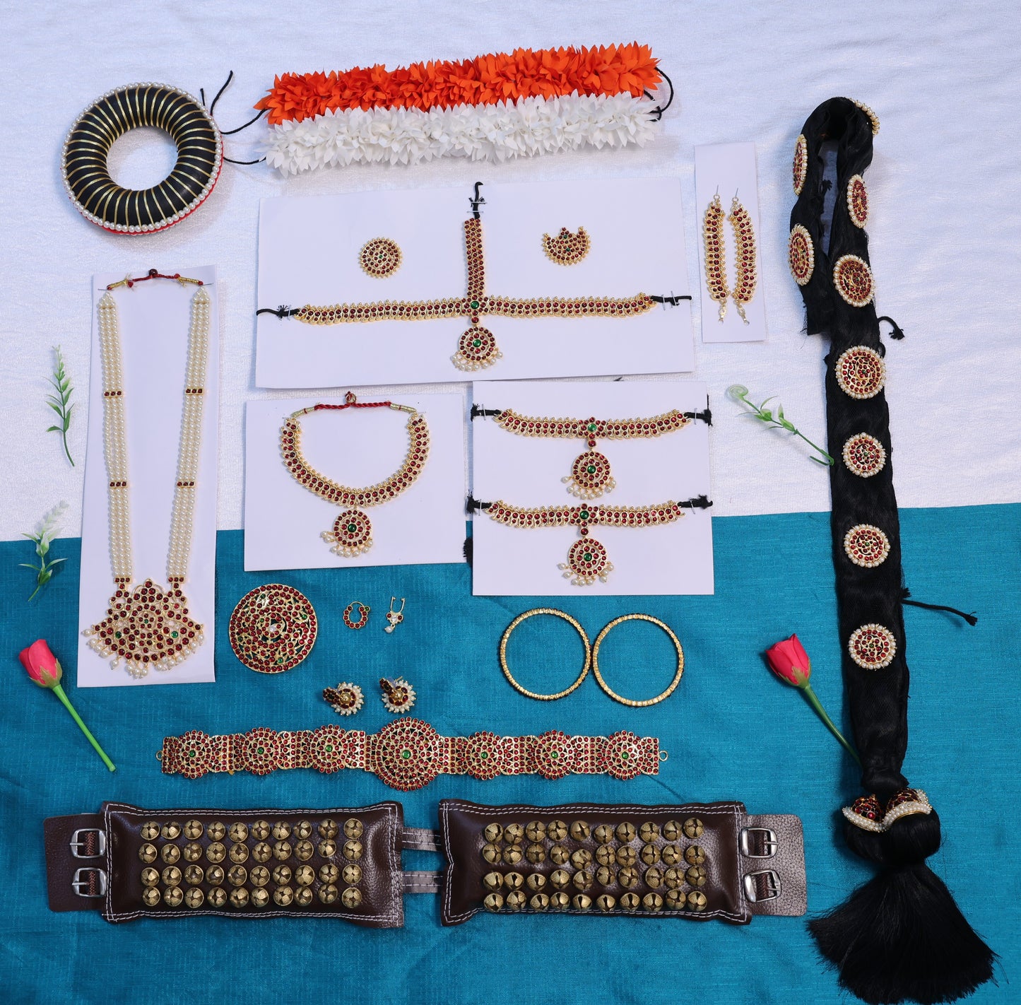 Arangetram Bharatanatyam jewellery with salangai and hair accessories
 Traditional Bharatanatyam dance jewellery for stage performance