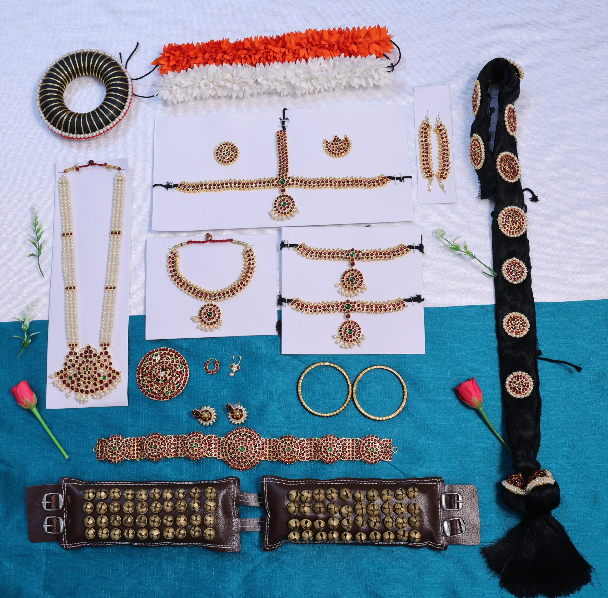 Arangetram Bharatanatyam jewellery with salangai and hair accessories
 Traditional Bharatanatyam dance jewellery for stage performance